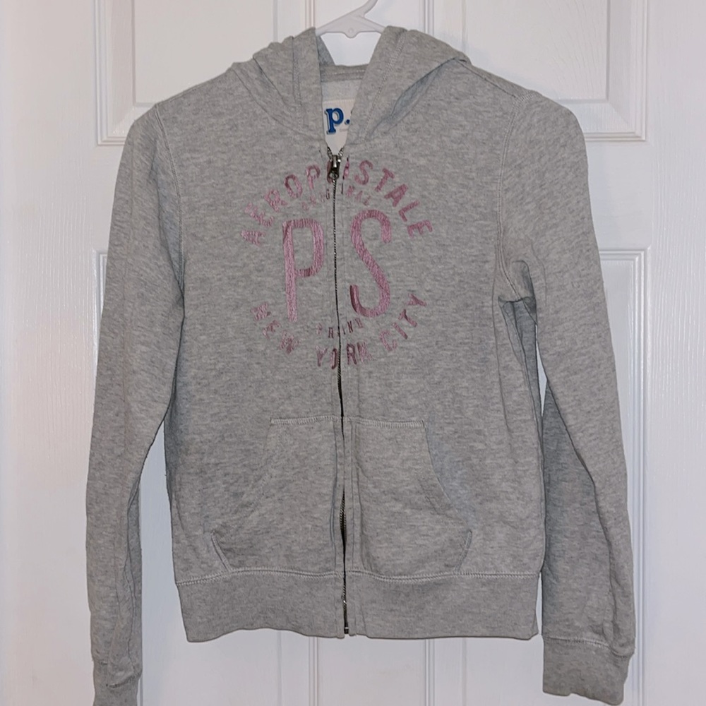 Girl’s Aeropostale zip up hoodie, size 14, heather gray, pink